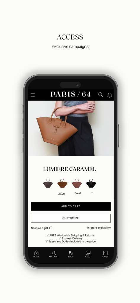 PARIS/64 - PARIS 64 mobile app displaying a premium caramel leather bag with purchase and customization options