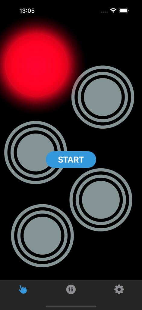 Tap Roulette - Random Picker - Tap Roulette App-Oberfläche mit fünf Touchpoints, von denen einer rot hervorgehoben ist, und einem zentralen Startknopf