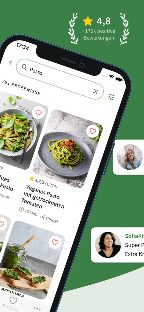 Chefkoch – Rezepte & Kochen - Écran de l'application mobile Chefkoch affichant les résultats de recherche de recettes de pesto avec des notes de la communauté et des avis d'utilisateurs