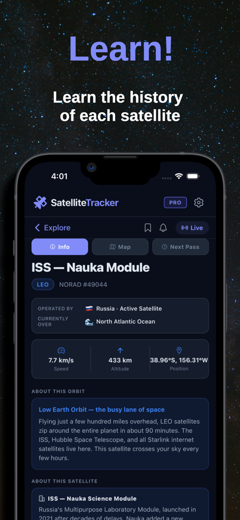 Satellite Tracker° - La aplicación Satellite Tracker muestra información orbital detallada para el Módulo Nauka de la ISS.