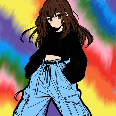 anime teen girl with baggy pants and crop top with sweater