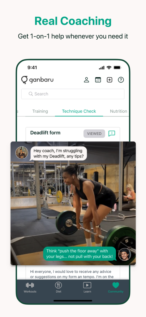 Ganbaru Method - Mobile app screen showing a coach providing real-time technique feedback on a user deadlift video