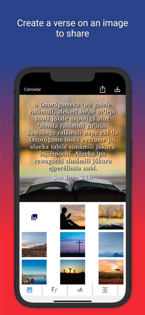 Scripture Earth - A mobile interface from the Scripture Earth app showing a Bible verse from San Juan 3:16 overlaid on a picture of an open book with options to select different background images.