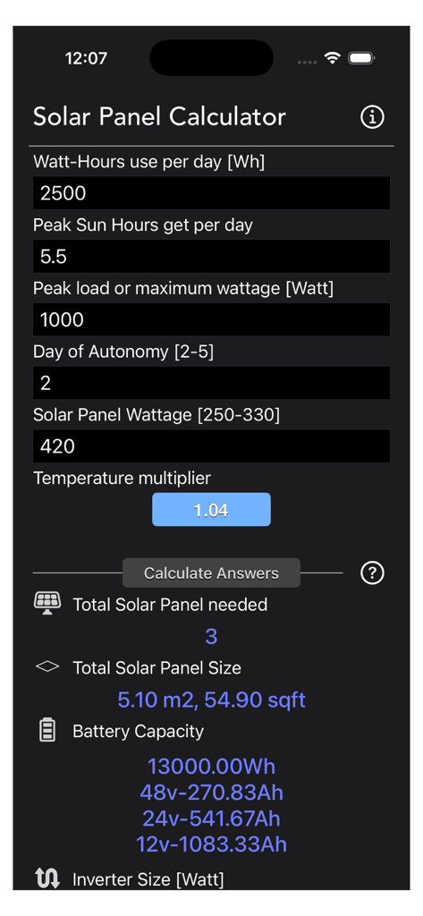 Solar Panel Calculator Plus - Oberfläche der Solarrechner Plus App, die Berechnungsergebnisse für Solarmodule und Batteriespeicherkapazität anzeigt.