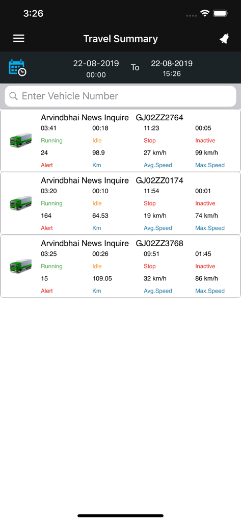 Vehicle tracking app travel summary screen showing fleet performance data