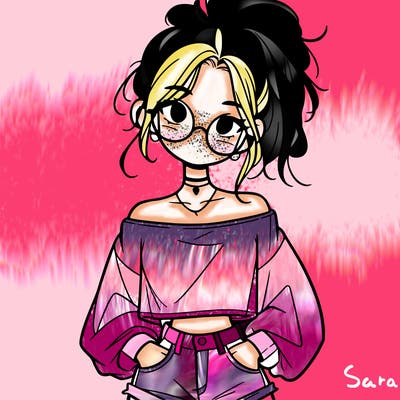 girl with a messy ponytail glasses a baggy crop top and jean shorts