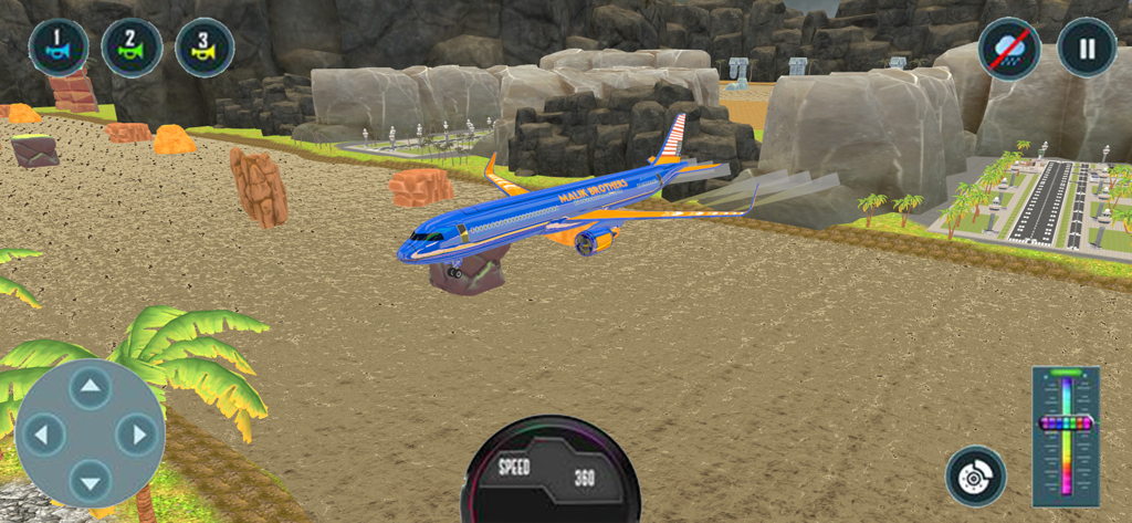 Airplane Fly Simulator Game 3D - Gameplay-Screenshot von Airplane Fly Simulator Game 3D, der ein blaues Flugzeug über einer 3D-Landschaft zeigt
