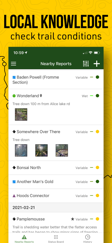 Pantalla de la aplicación Trailforks mostrando las condiciones de los senderos cercanos y los informes de los usuarios.