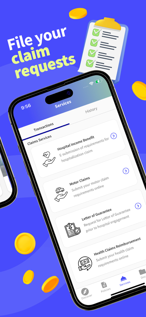 Emma by AXA PH - Emma by AXA PH mobile app screen showing options to file insurance claim requests for hospital motor and health benefits