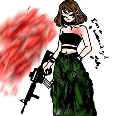 a dangerous girlcrop top and baggy jeans with a rifle in her hand