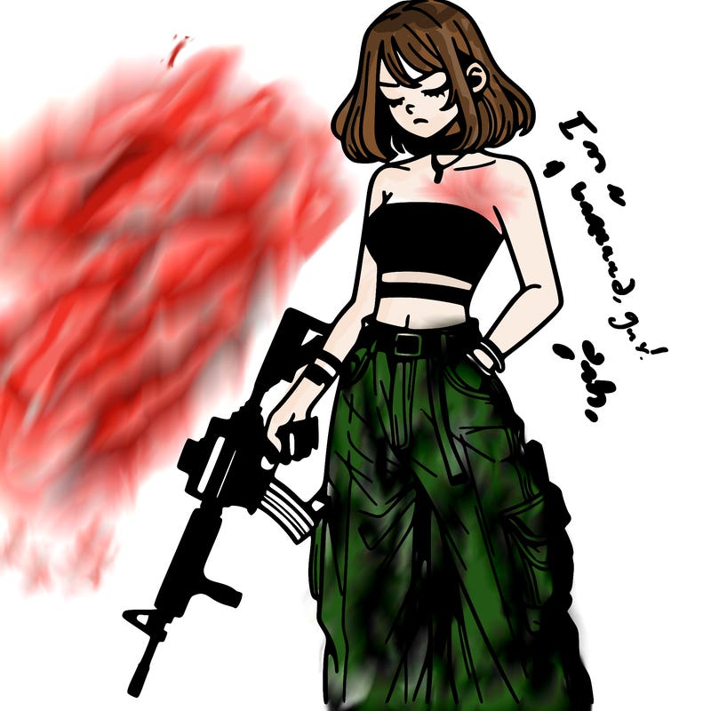 a dangerous girlcrop top and baggy jeans with a rifle in her hand