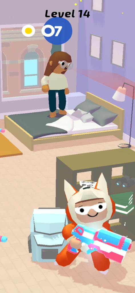 Epic Prankster: Hide and shoot - Epic Pranksterのゲームプレイ画面。キャラクターが寝室でブラスター銃を持って隠れている様子。