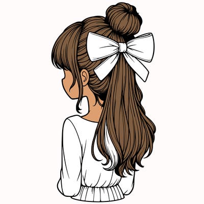realistic girl  with hip length hair a bun and a big bow on the back of head