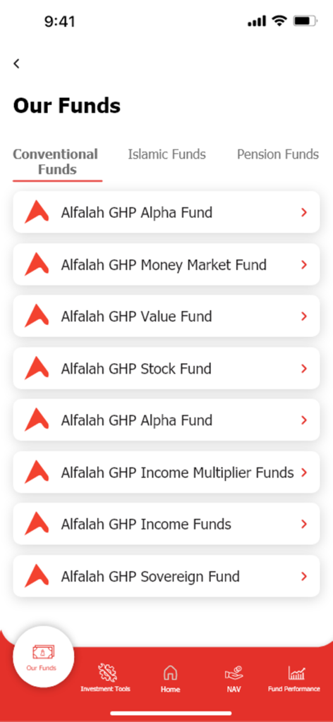 Alfalah Invest - アルファラ投資モバイルアプリの従来の投資ファンド（アルファ、マネーマーケット、ストックファンドなど）のリスト