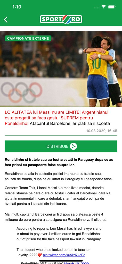 sport.ro - News article on the sport.ro app about Messi and Ronaldinho with an image of them hugging