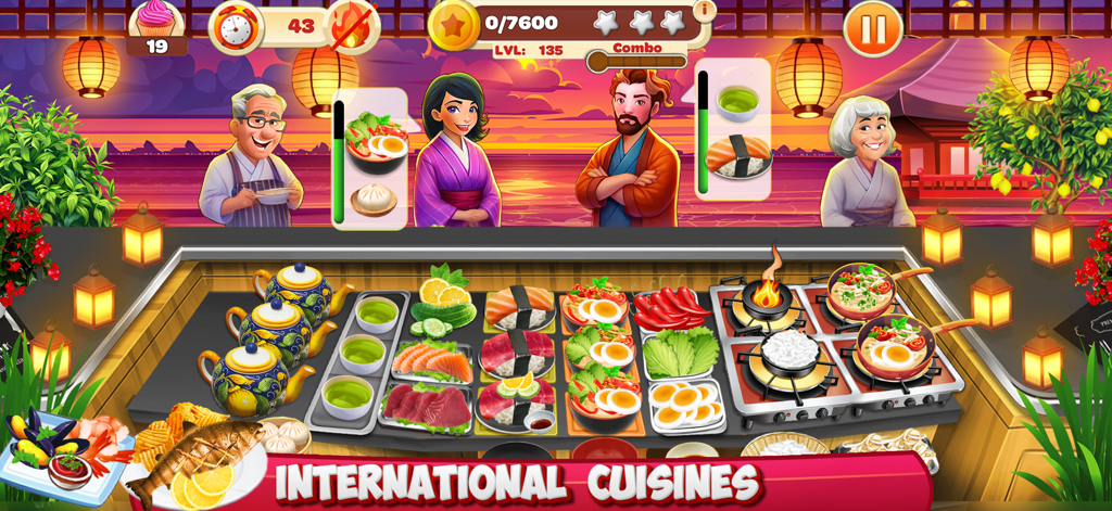 Cooking Mastery: Kitchen Games - Um chef preparando pratos japoneses como sushi e ramen para clientes em um cenário de restaurante ao pôr do sol