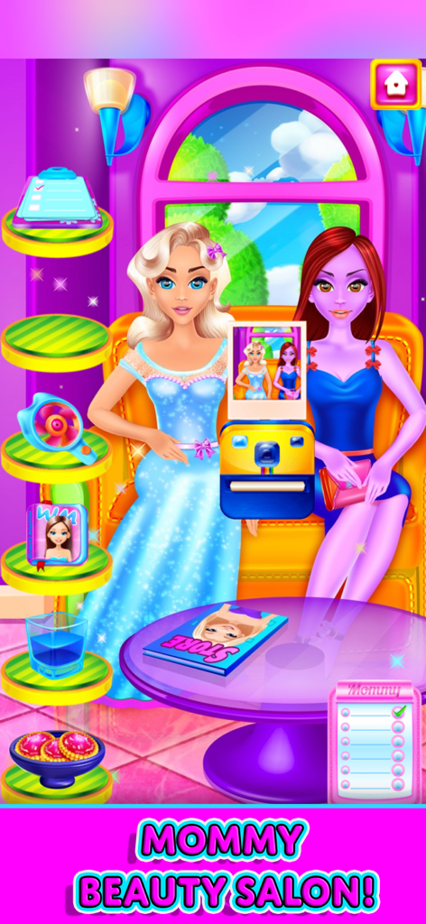 Una mamá princesa rubia y una mamá monstruo morada sentadas en la sala de espera de un salón de belleza