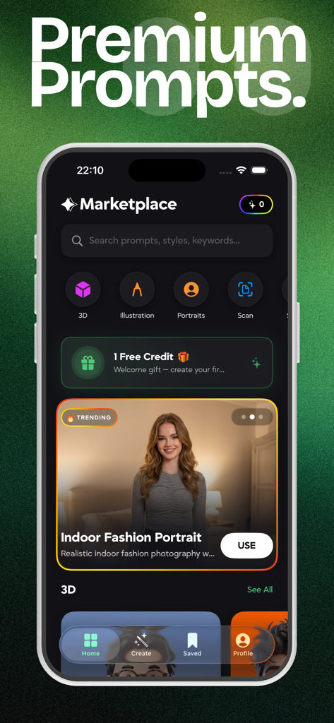 Prompt Market: AI Studio - Prompt Market AI Studio app interface displaying trending AI image prompts and categories