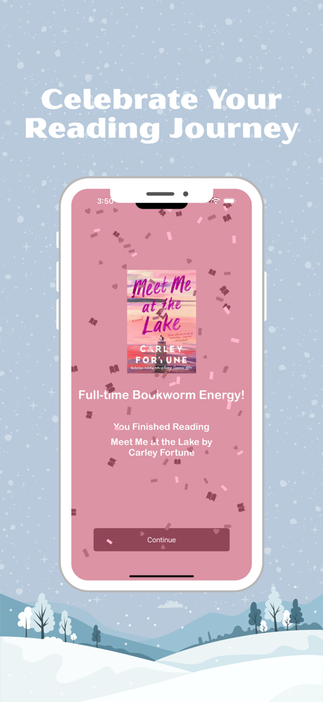 TBR Bookshelf app screen celebrating a finished book with pink book confetti and the text Full-time Bookworm Energy