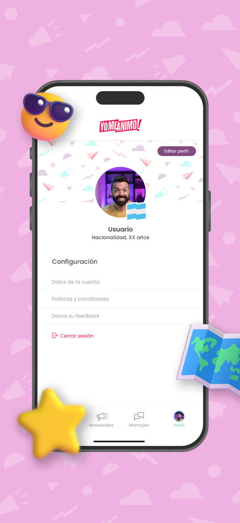 YoMeAnimo! - User profile and account settings screen of the YoMeAnimo travel community app