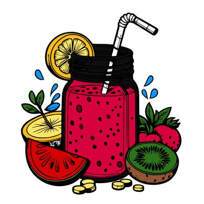 a smoothie in a mason jar with fruit slices around.