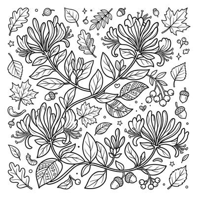 Embrace the beauty of fall with this charming coloring page featuring lush wild honeysuckle vines intertwined with classic autumn elements. Perfect for a relaxing creative session, this design captures the essence of a cozy autumnal day.