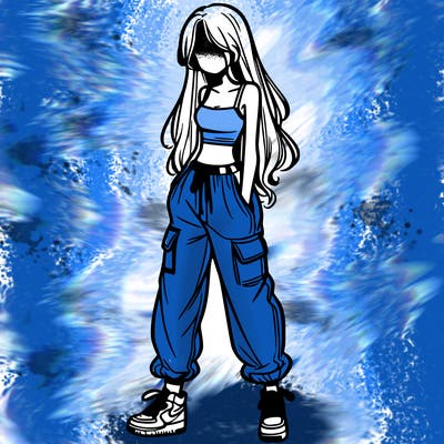 girl in baggy pants crop top and long hair