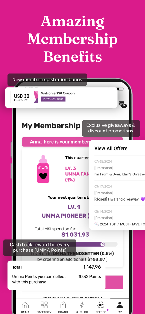 umma.io - UMMA.io app interface displaying membership benefits including a 30 dollar registration bonus and cashback rewards for wholesale buyers