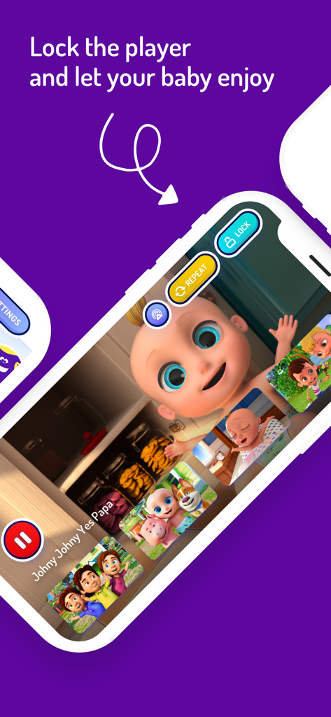 KIDSY Baby Kids Nursery Songs - Smartphone screen showing the KIDSY app parent lock feature for nursery song videos