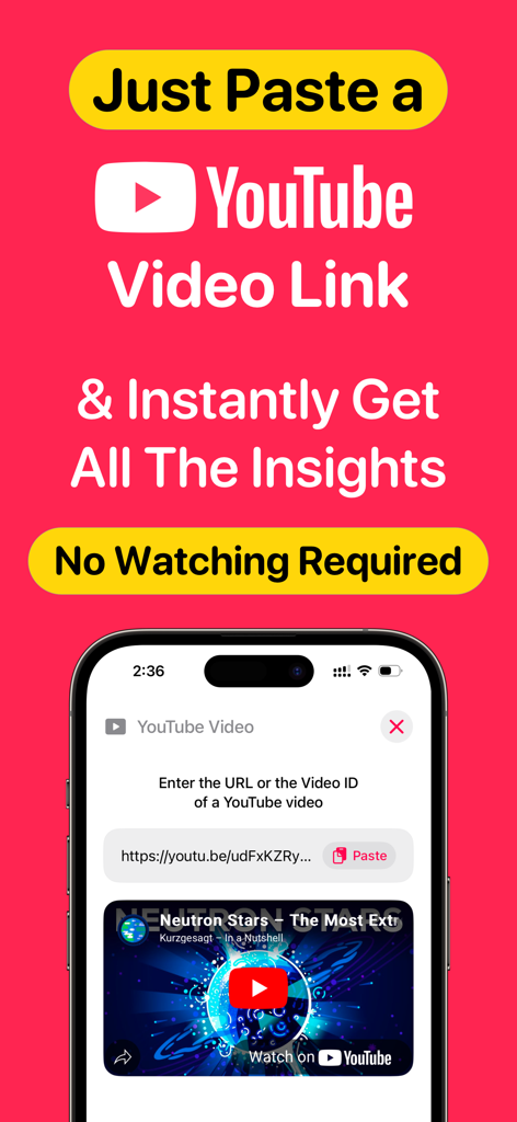Voice Notes AI Notetaker ZIVO - Pantalla de la aplicación ZIVO mostrando cómo obtener información instantánea de IA de un enlace de video de YouTube sin verlo.