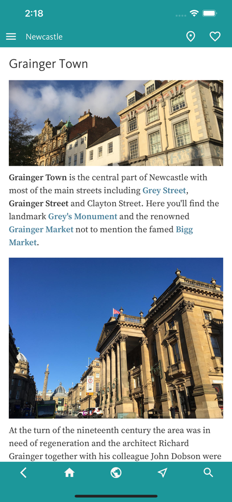 Eine Seite aus der Newcastle Reiseführer-App, die historische Gebäude im Viertel Grainger Town zeigt.