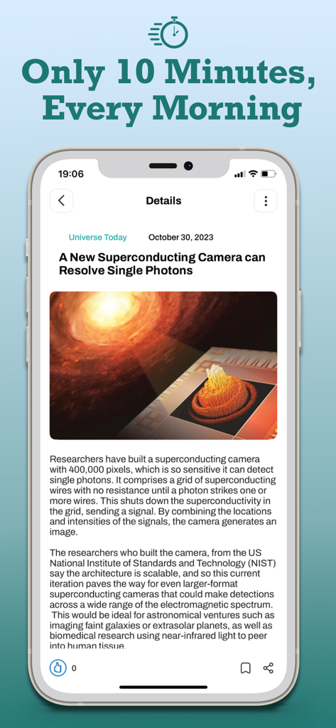 Techfusion News & Reviews - Interfaz de la aplicación Noticias y Reseñas de Techfusion que muestra un artículo científico sobre una cámara superconductora