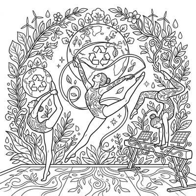 Combine the power of athleticism with a passion for our planet in this captivating coloring page. Featuring graceful female gymnasts celebrating Earth Day, it's a perfect blend of art and environmental appreciation.
