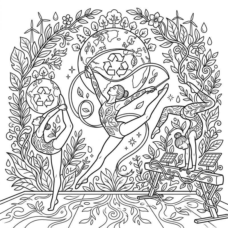 Combine the power of athleticism with a passion for our planet in this captivating coloring page. Featuring graceful female gymnasts celebrating Earth Day, it's a perfect blend of art and environmental appreciation.