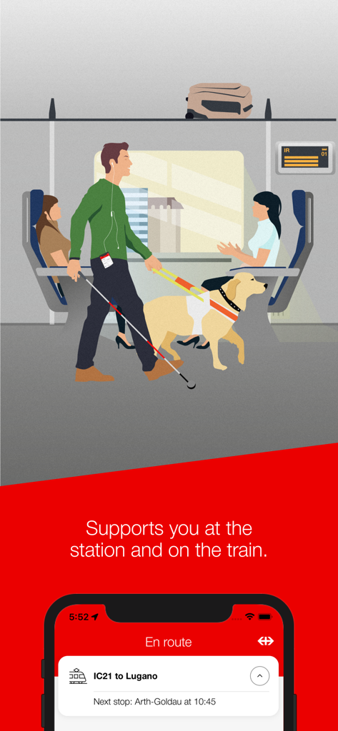 SBB Inclusive - Illustration of a visually impaired passenger with a guide dog on a train and the SBB Inclusive app interface.