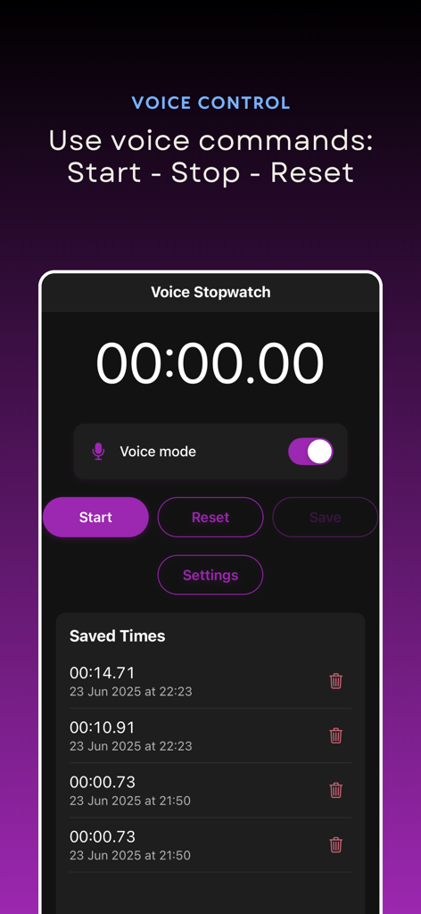 Voice-Stopwatch - Voice Stopwatch app interface showing voice command instructions and a list of saved timing records
