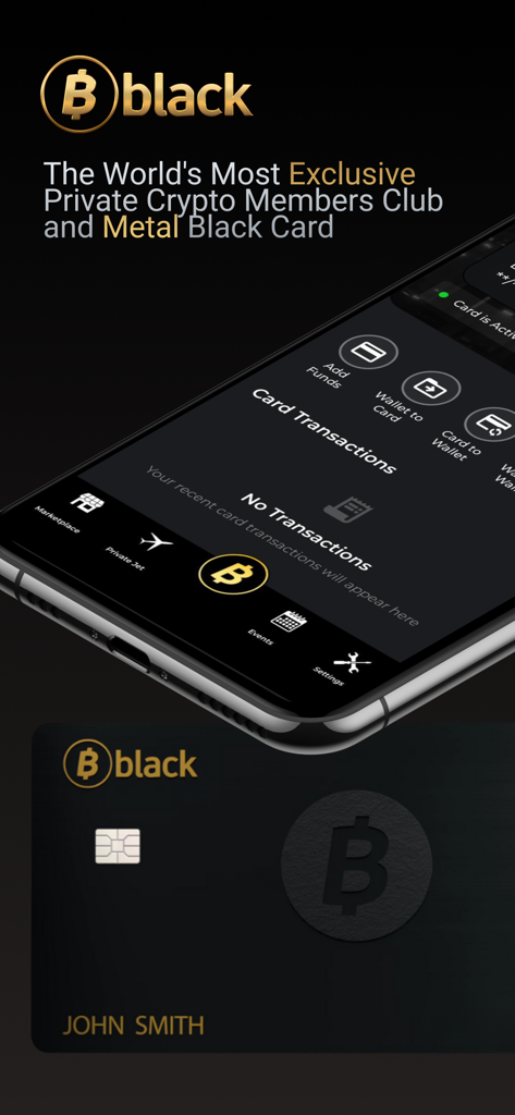 A smartphone showing the bblack app interface alongside a physical metal black card.