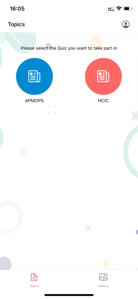APMOPS & HCIC - A screen in the APMOPS and HCIC app prompting users to select either the APMOPS or HCIC quiz to begin.