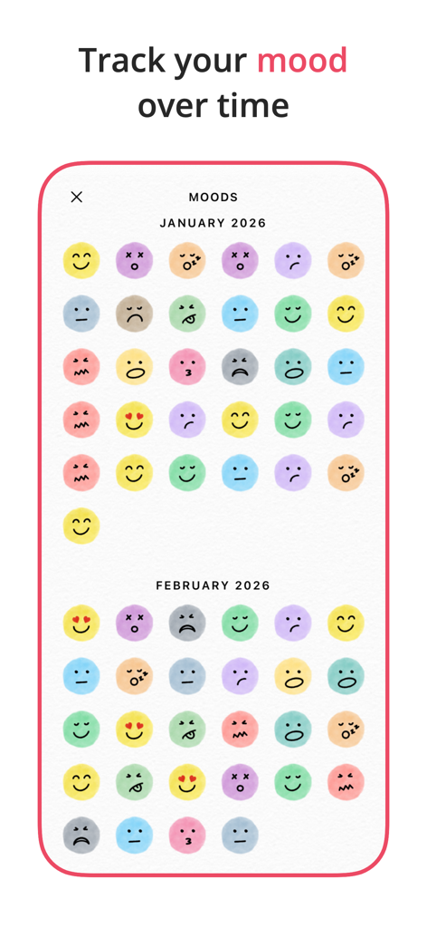 2026 Planner & Agenda - Floret - Monatliches Stimmungs-Tracking-Raster in der Floret-App mit bunten handgezeichneten Emojis