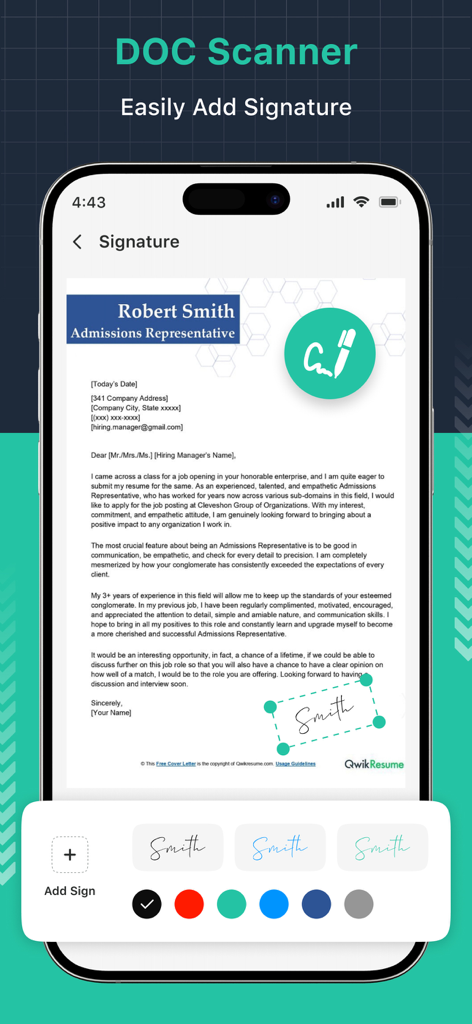 A mobile phone showing the document scanner app adding a digital signature to a cover letter