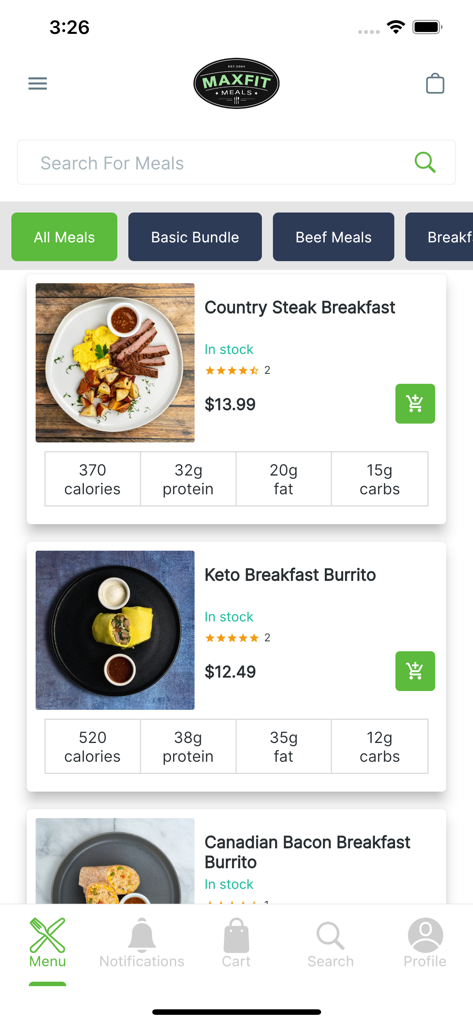 Interface do aplicativo Max Fit Meals mostrando opções de café da manhã saudável com contagem de calorias e macros para preparação de refeições.