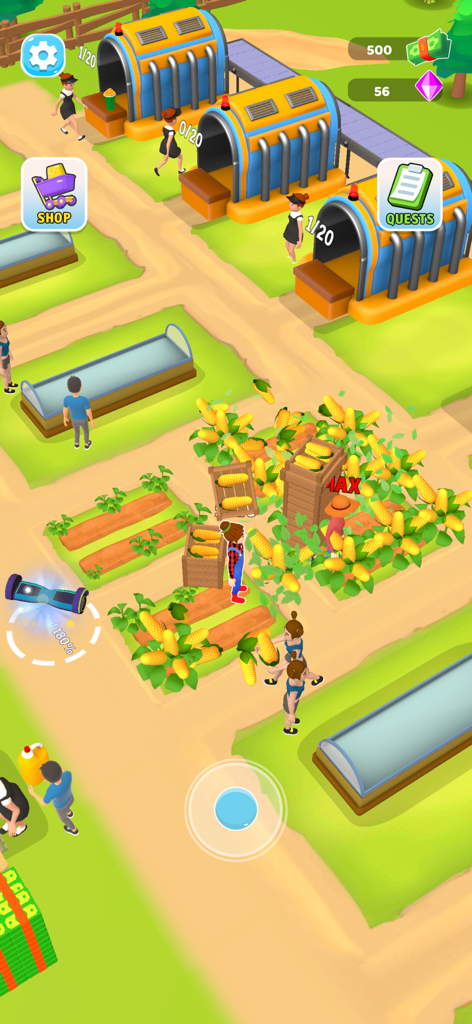 Gameplay screenshot of Crop to Craft showing characters harvesting corn near processing machines on a virtual farm.