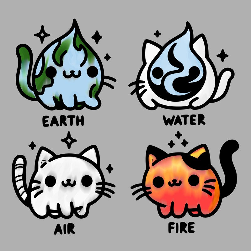 4 cats that represent the different elements, earth, water, air, and fire