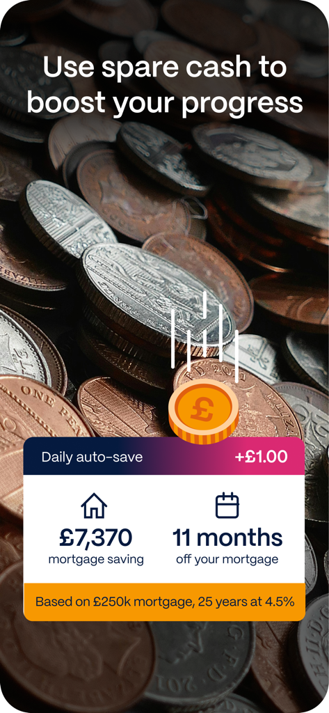 Sprive - Mortgage Free, Faster - Sprive app interface showing how daily auto-saves lead to mortgage savings and reduced loan terms