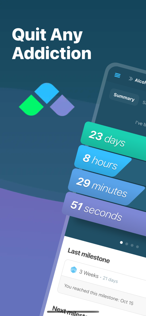 I Am Sober app showing a sobriety day counter and recovery milestones