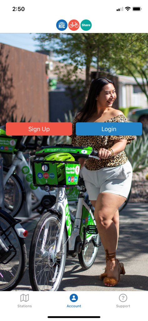 RTC Bike Share - RTC Bike Share App Login-Bildschirm mit einer Frau mit einem Elektrofahrrad