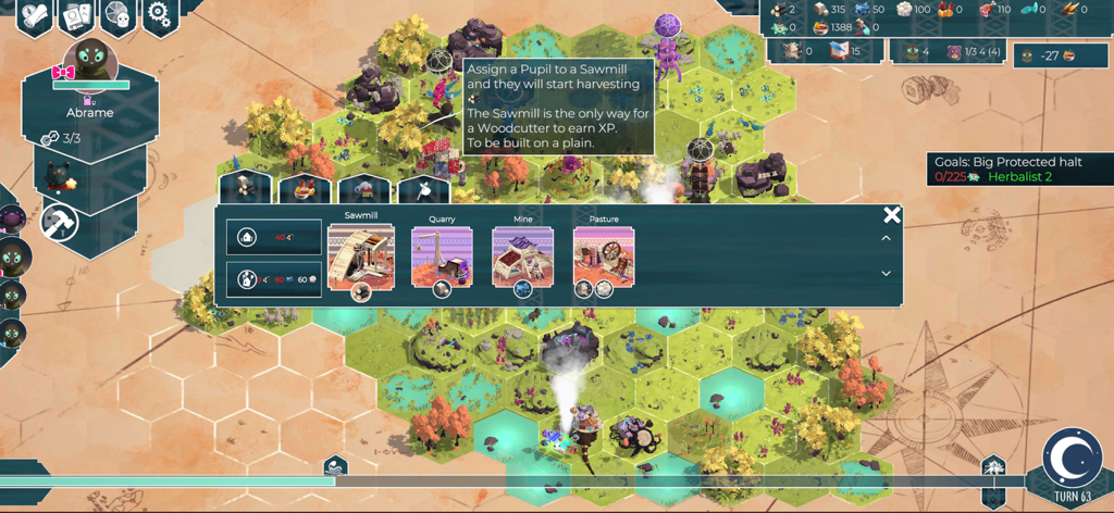 As Far As The Eye - Strategisches Baumenü in As Far As The Eye, das Sägewerk und Ressourcenoptionen auf einer sechseckigen Gitterkarte zeigt.