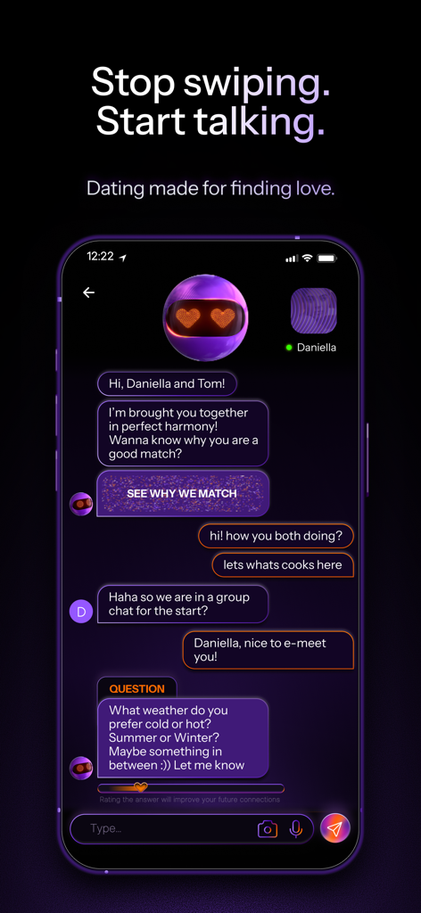 Interfaccia di chat dell'app di incontri Mylo AI che mostra una conversazione di gruppo con un assistente AI e un abbinamento.
