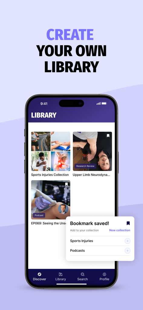 Physiotutors - Physiotutors app library screen showing bookmarked research reviews and sports injury collections.
