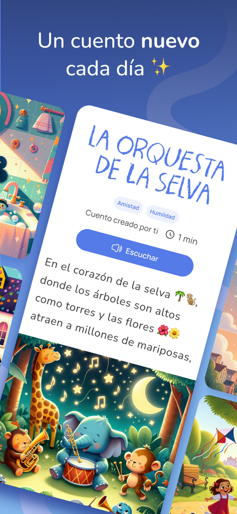MiniTales: cuentos para peques - Captura de pantalla de la aplicación MiniTales que muestra una historia personalizada titulada La Orquesta de la Selva con valores educativos y opciones de audio